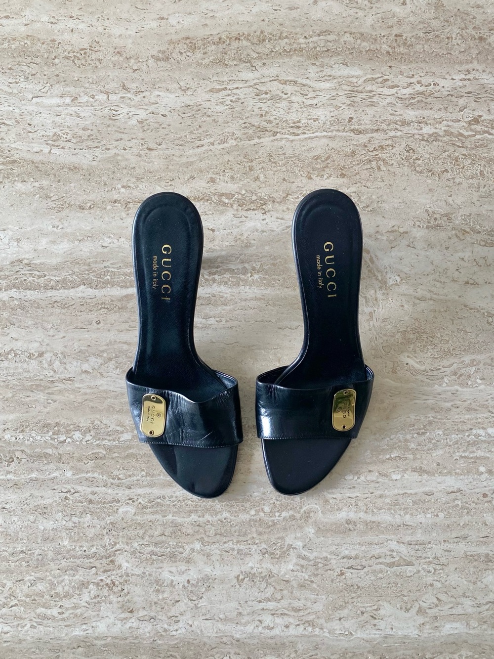 Vintage Gucci Gold Logo Plate Mule Sandal Heels